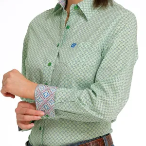 Cinch Women's L/S Green & Navy Geometric Print Western Button Down Shirt Street Comfort
