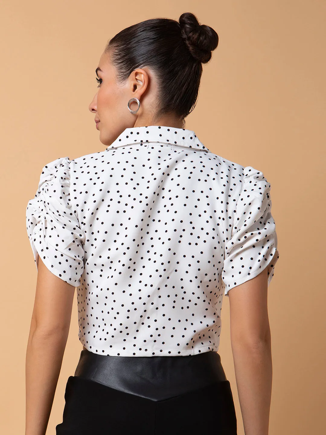 Women's White Polka Dots Printed Lapel Collar Cotton Top Roomy Comfort