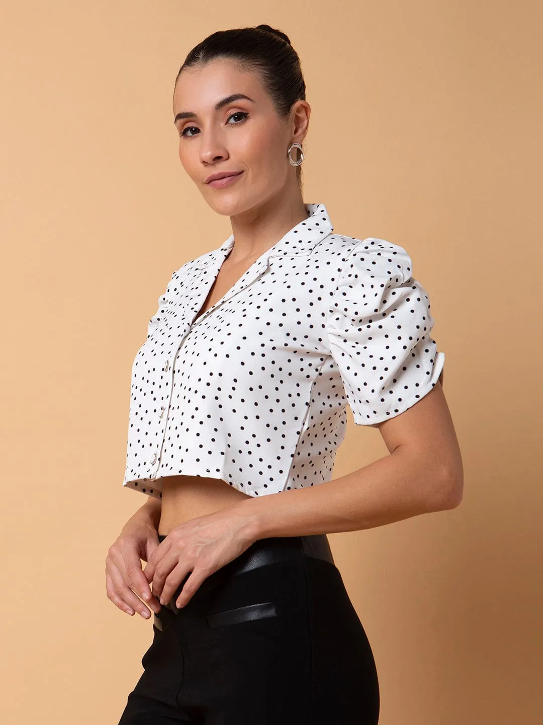 Women's White Polka Dots Printed Lapel Collar Cotton Top Modern Trend Look sequined details