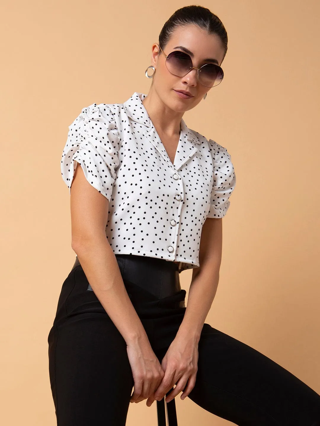 Durable Style Versatile Performance Women's White Polka Dots Printed Lapel Collar Cotton Top