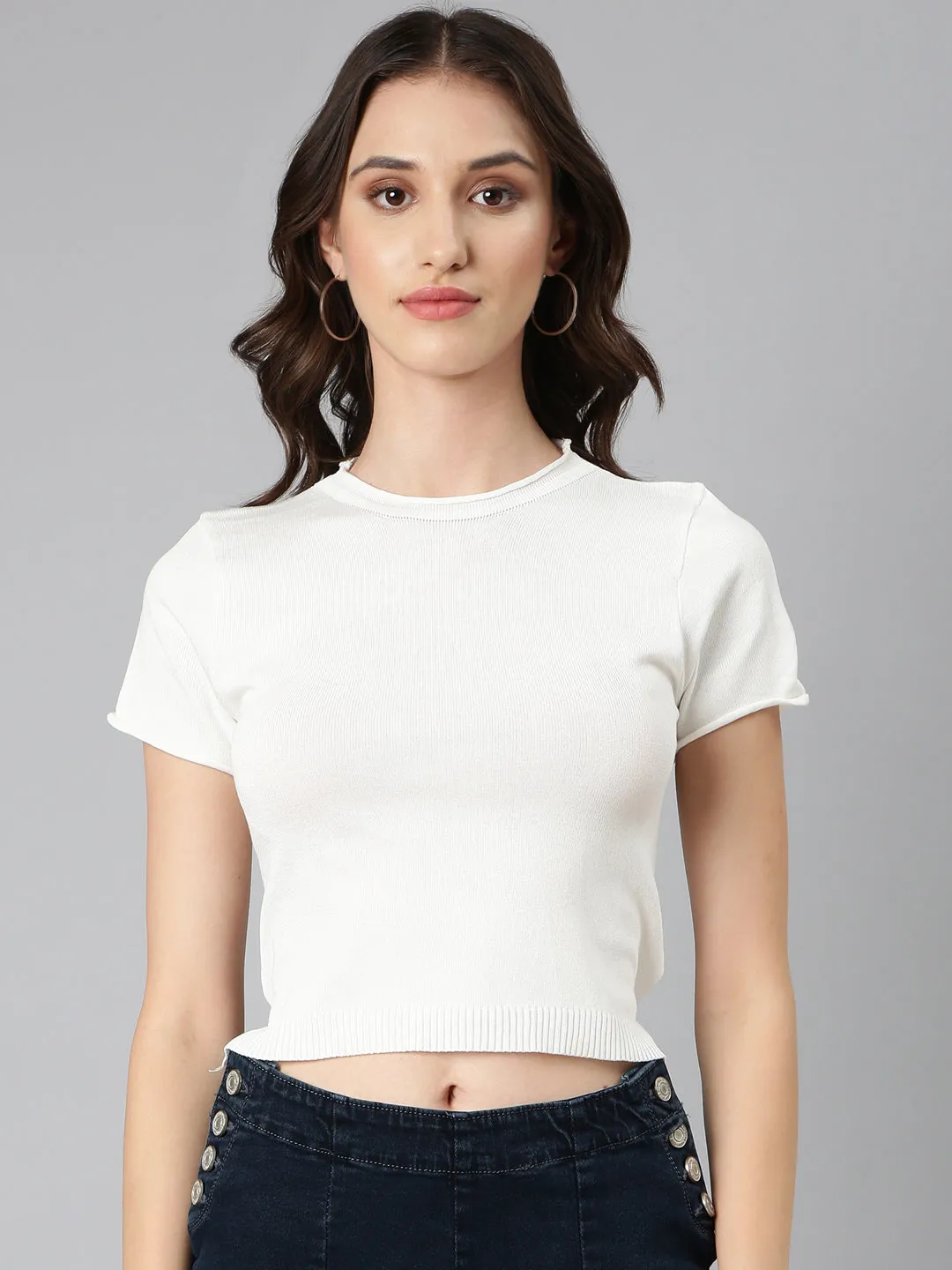 Women's Off White Short Sleeves Acrylic Crop Top Timeless Layer