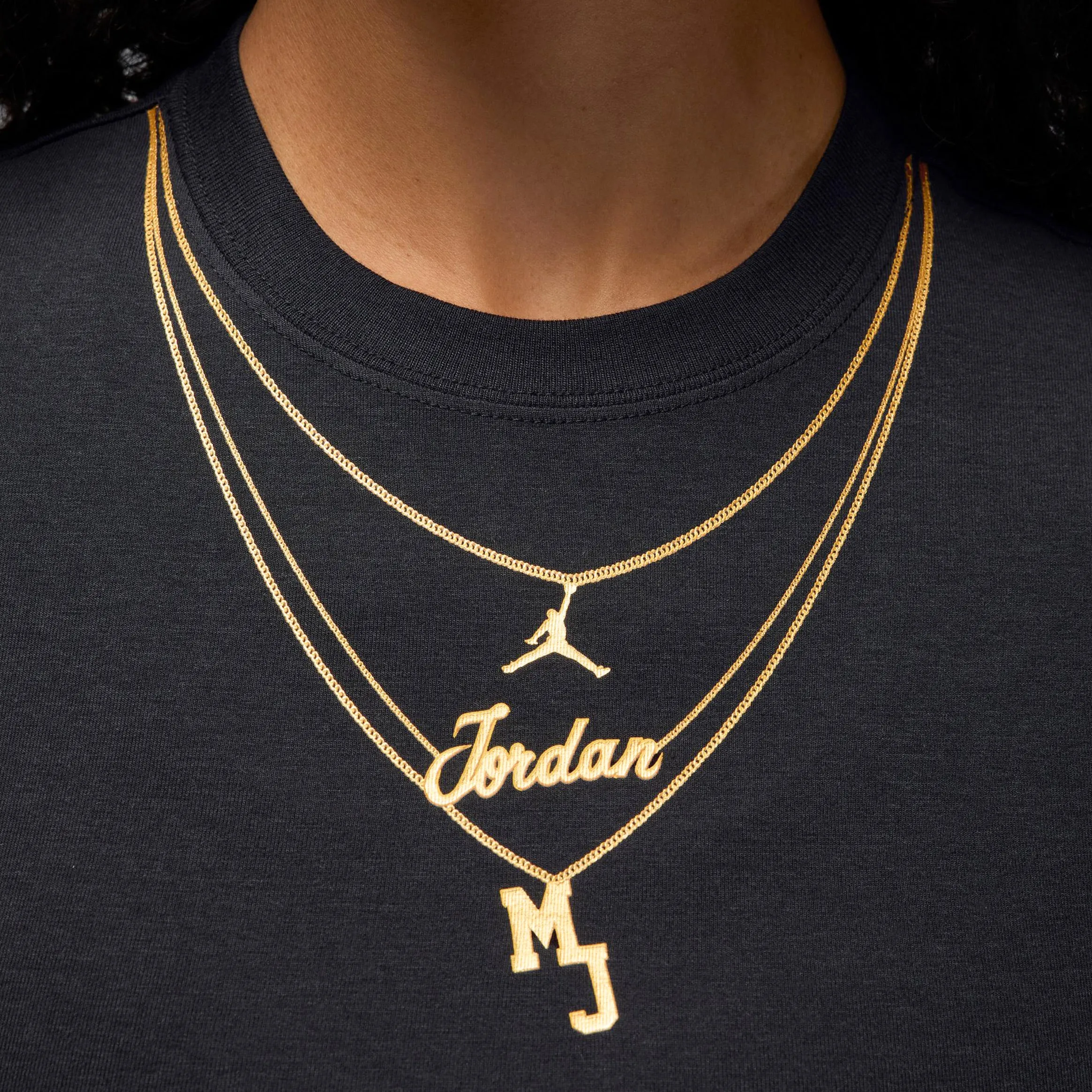 MJ Necklace Graphic Womens Short Sleeve Shirt (Black/Gold) Windproof Outer Layer