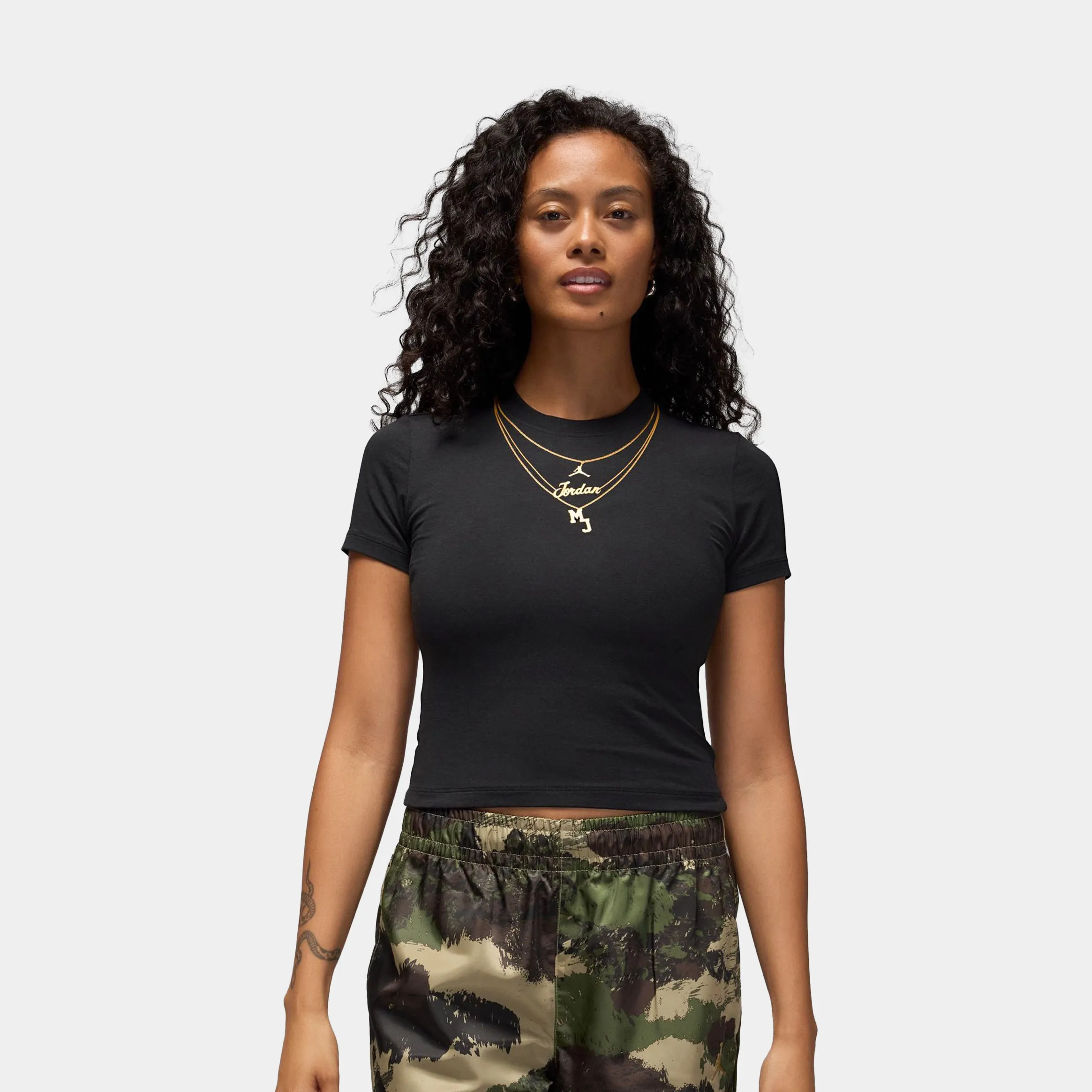 Street Fest StaticFree Material MJ Necklace Graphic Womens Short Sleeve Shirt (Black/Gold)