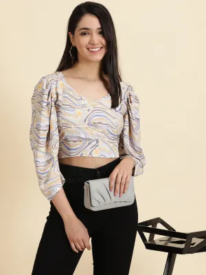 anniversary Layered Neckline Women's Blue V-Neck Print Crepe Crop Top