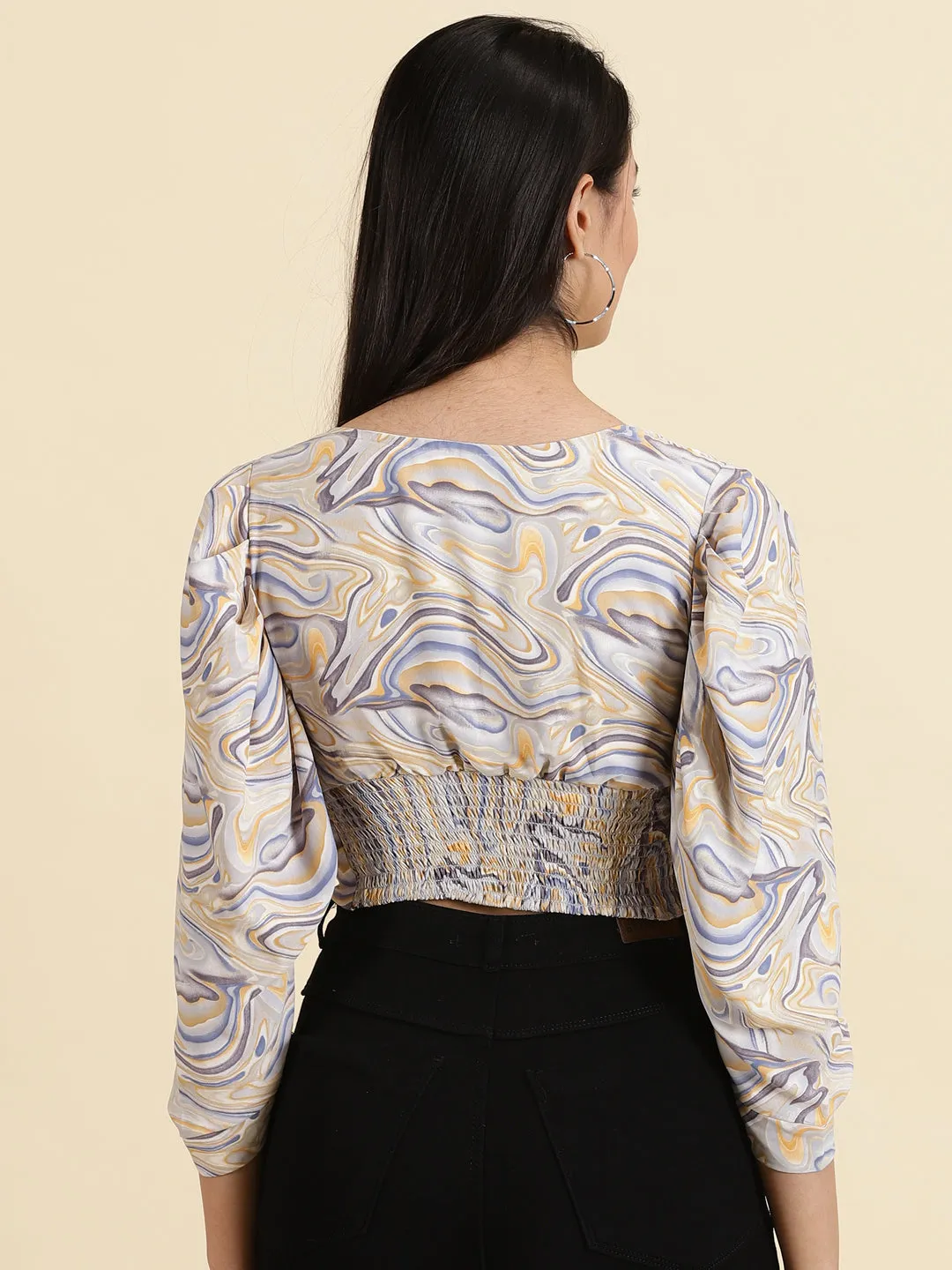 Women's Blue V-Neck Print Crepe Crop Top Printed design