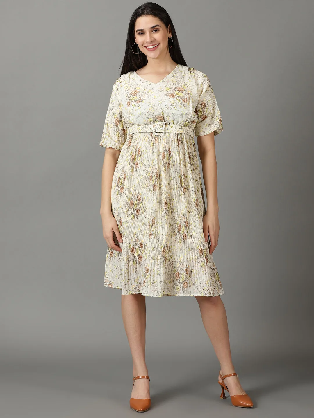 Lace Ease Women's Off White Floral Printed Fit & Flare Dress With Belt