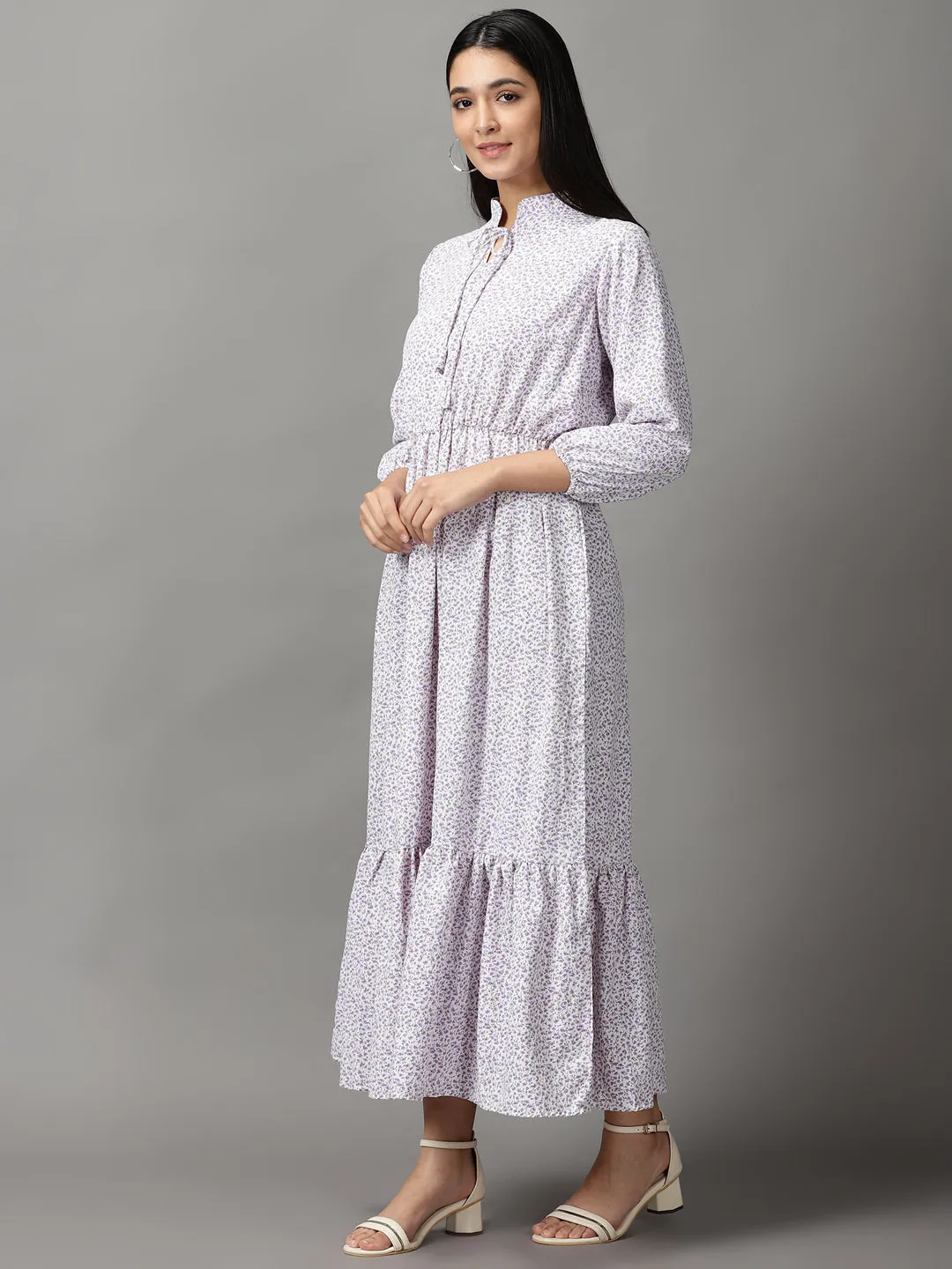 Women's White Floral Fit and Flare Midi Dress Minimalist Waistband