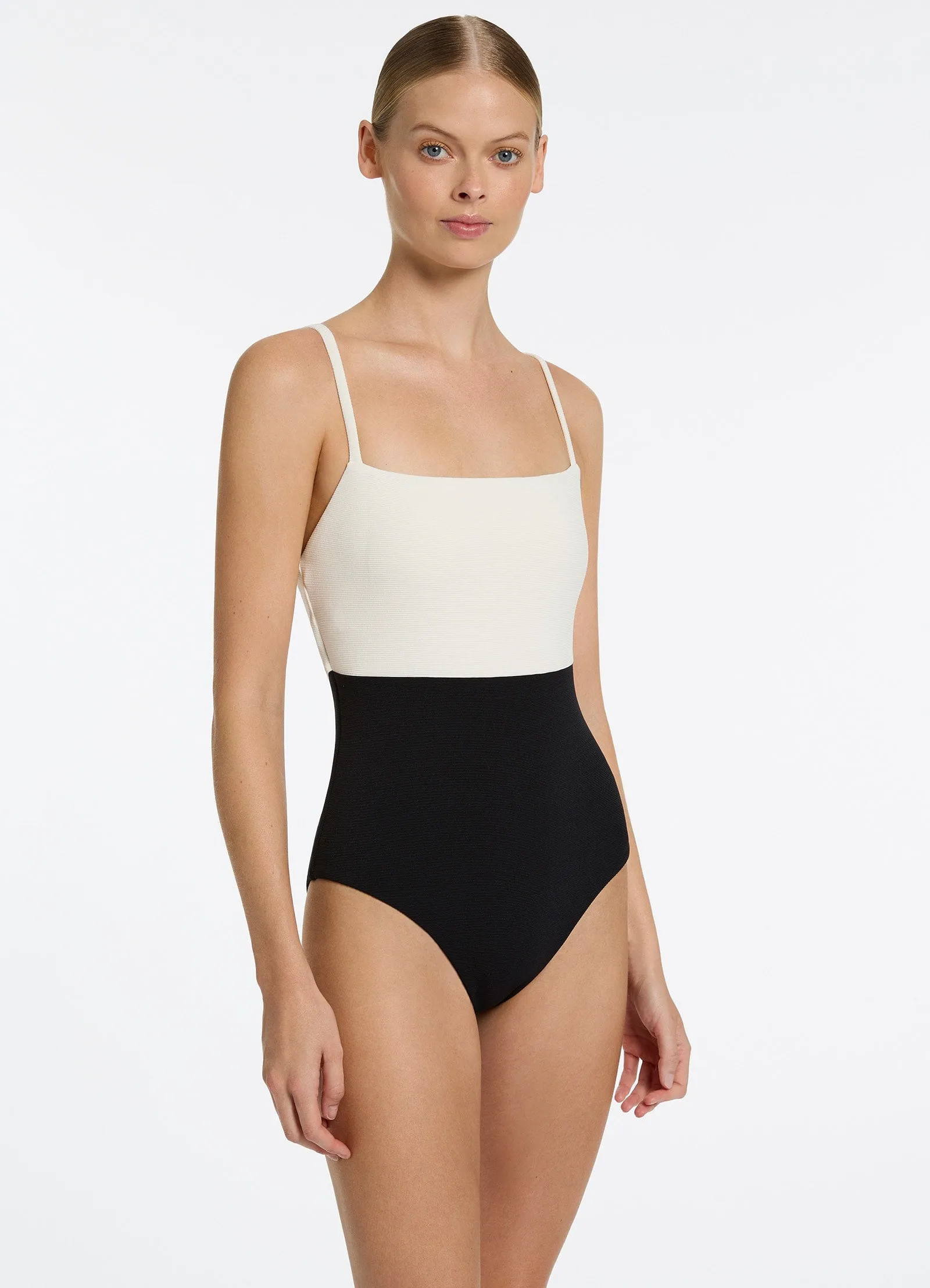 Waterfront Fun Warm-Hue Versa Rib Minimal Tank One Piece - Black/Cream