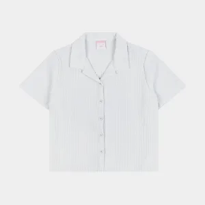 Boss Vibe Casual Sweatshirt Pleated Button Up Womens Short Sleeve Shirt (Blue)