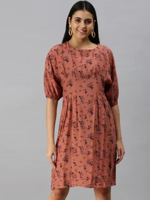 Women's Brown Floral Crepe A-Line Dress Elegant Style