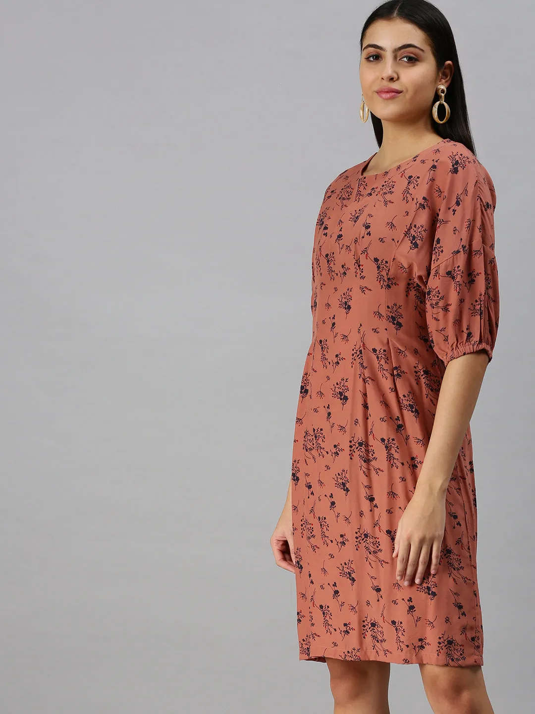 Women's Brown Floral Crepe A-Line Dress Stay Cool