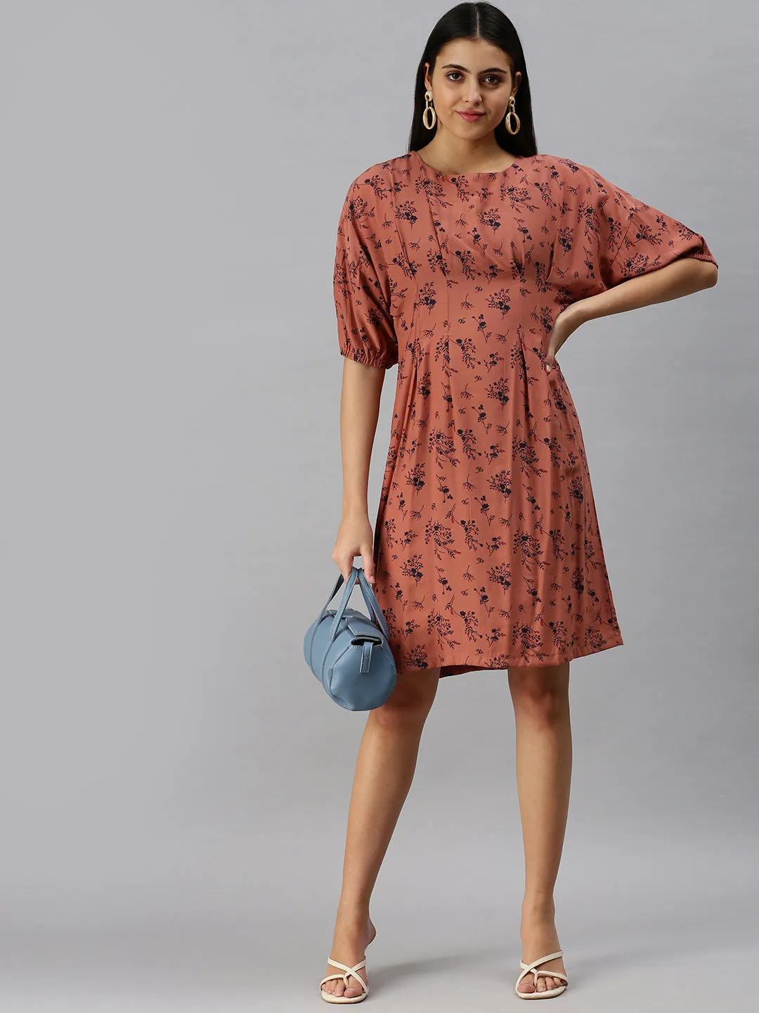 Classic Flow DurableStitching Women's Brown Floral Crepe A-Line Dress
