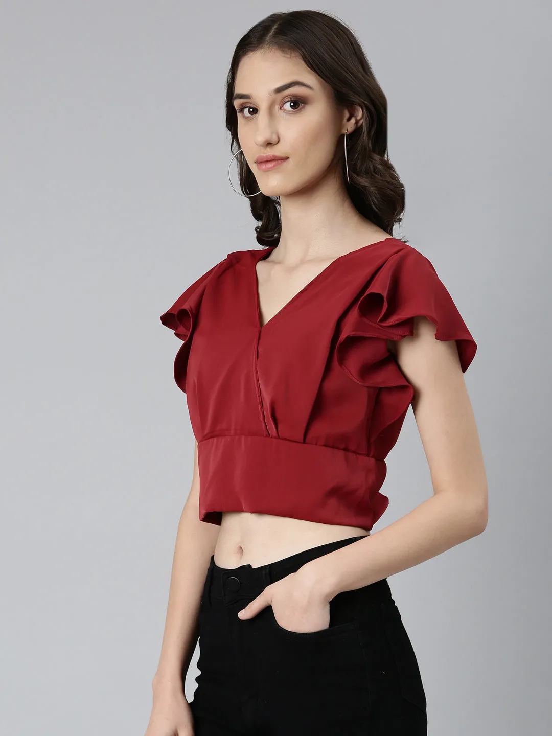 Stylish and Fun Summer Ready Women's Maroon Flutter Sleeve Crepe Styled Back Crop Top