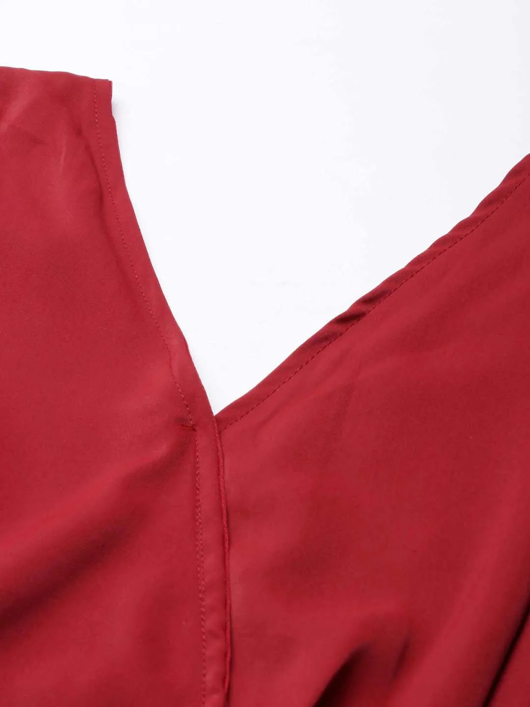 Layerable Look Women's Maroon Flutter Sleeve Crepe Styled Back Crop Top