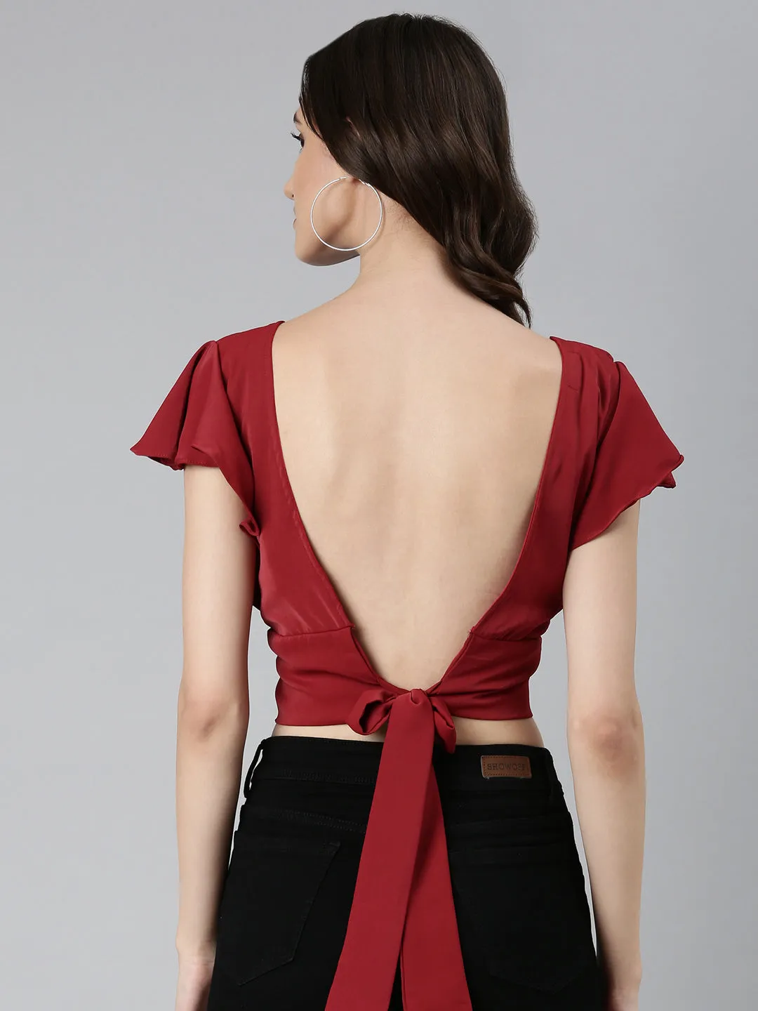 Women's Maroon Flutter Sleeve Crepe Styled Back Crop Top Active Style Performance Wear