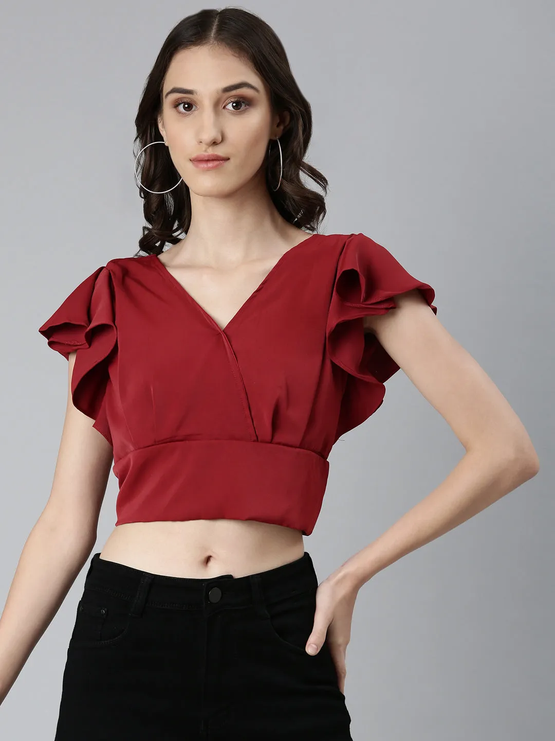 Loose fitting comfort Women's Maroon Flutter Sleeve Crepe Styled Back Crop Top