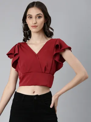 Loose fitting comfort Women's Maroon Flutter Sleeve Crepe Styled Back Crop Top