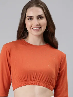 Women's Orange Round Neck Cinched Waist Crop Top homecoming
