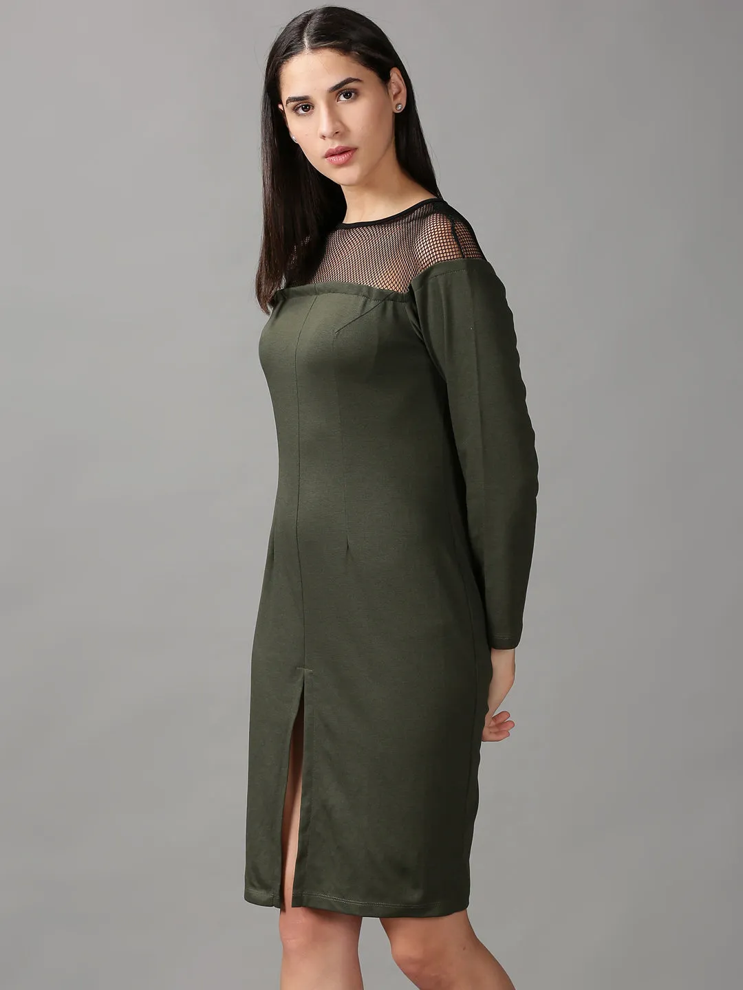 Women's Olive Solid Fit & Flare Dress Sunset Glow