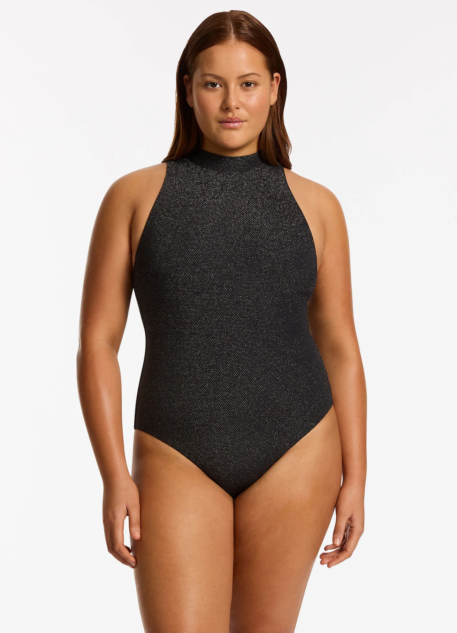 Tirari Nights High Neck One Piece - Black Wide Shoulder Straps
