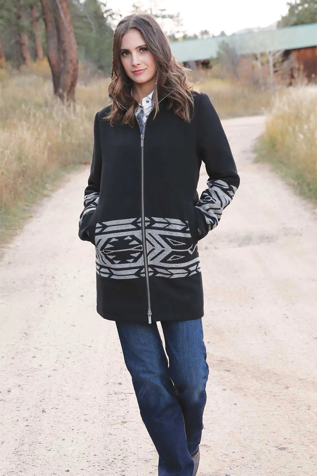 Rugged Outdoor Optimized Cruel Women's Southwestern Banded Walking Coat in Black