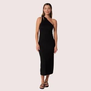Myra One Shoulder Midi Dress (Black) Chilly Day Wear Ready Glow