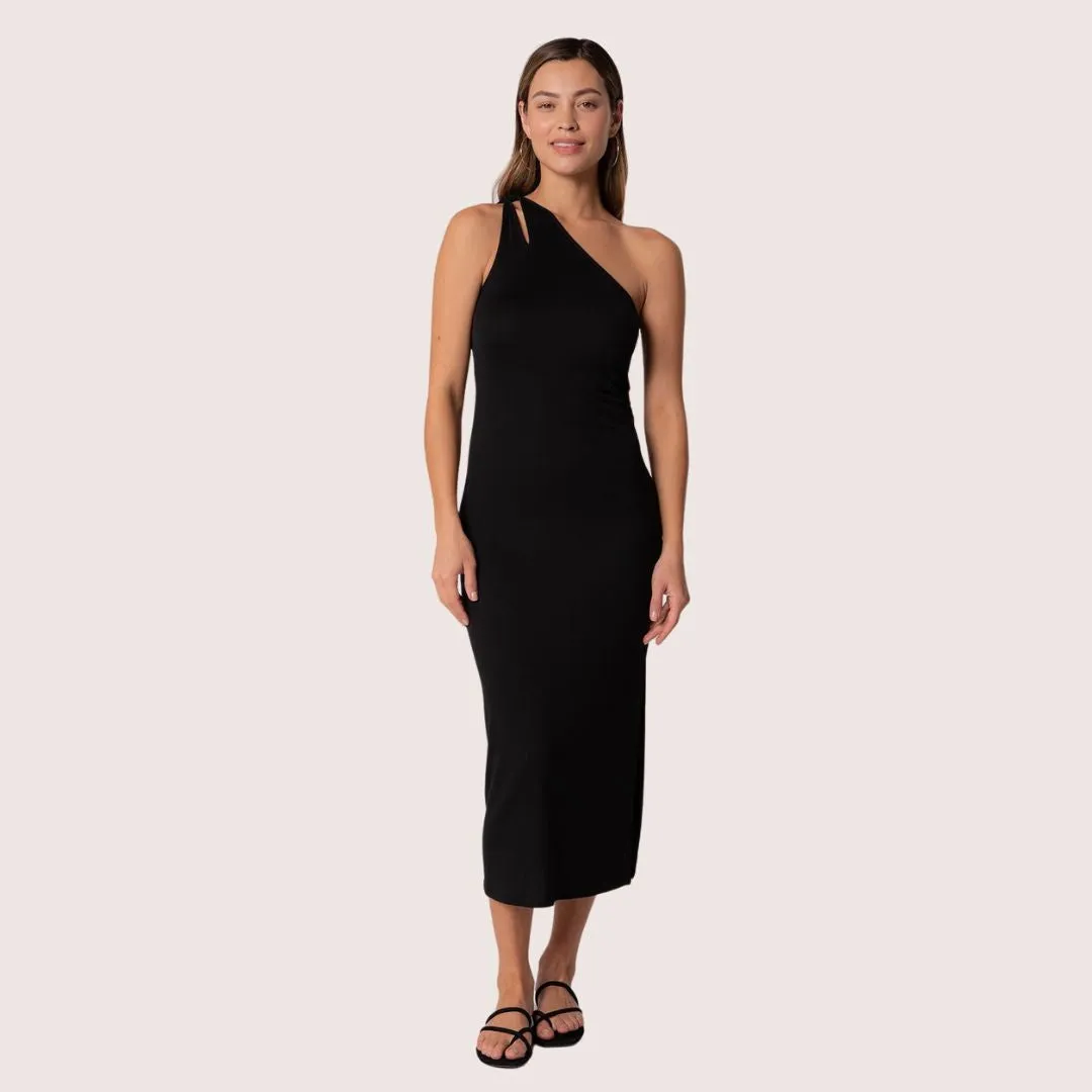 Myra One Shoulder Midi Dress (Black) Chilly Day Wear Ready Glow