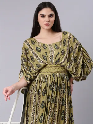 Women's Olive Ethnic Motifs Print Kimono Sleeve Fit & Flare Dress Smart Pairing