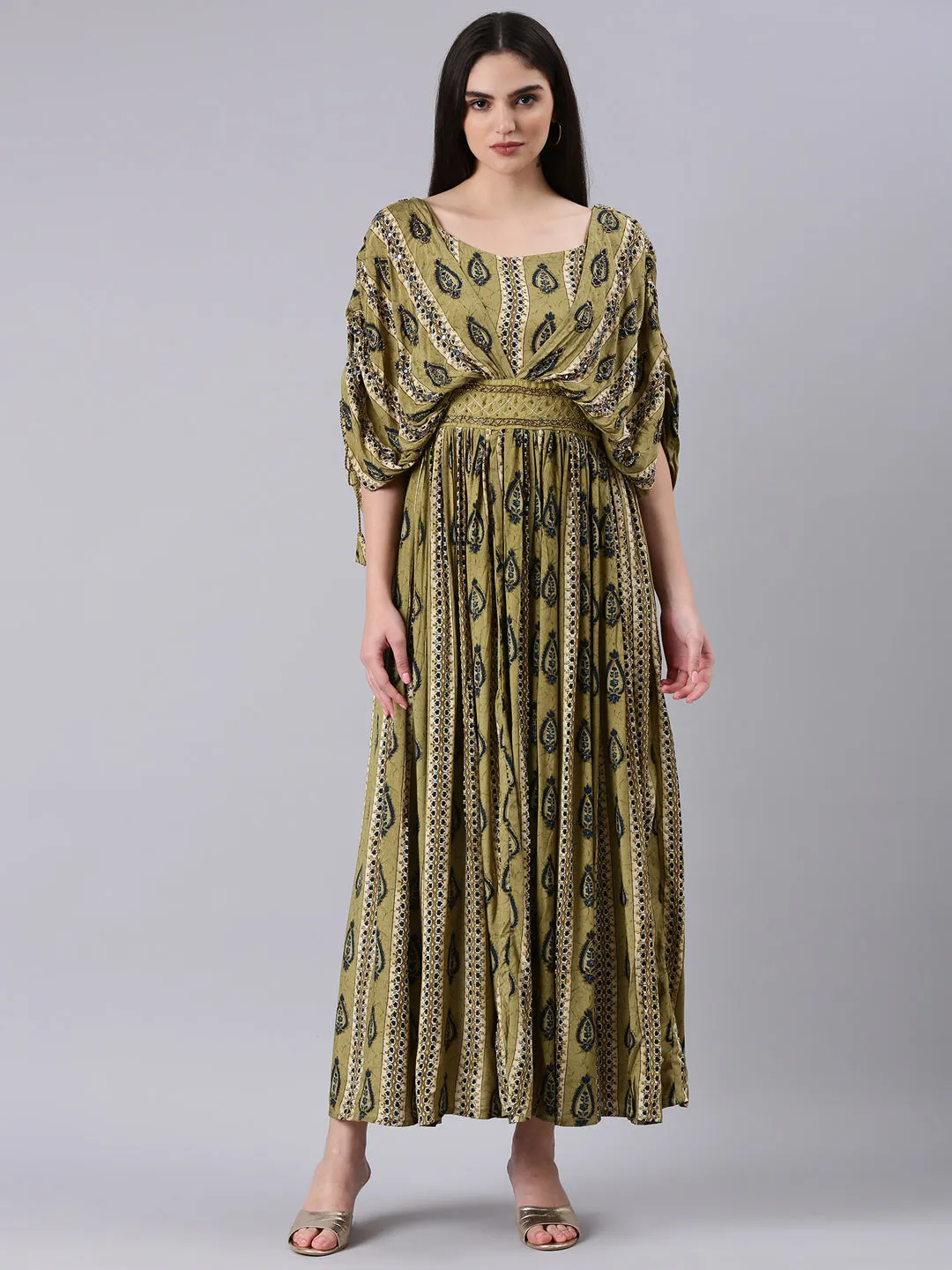 Layered Volume Urban Light Women's Olive Ethnic Motifs Print Kimono Sleeve Fit & Flare Dress