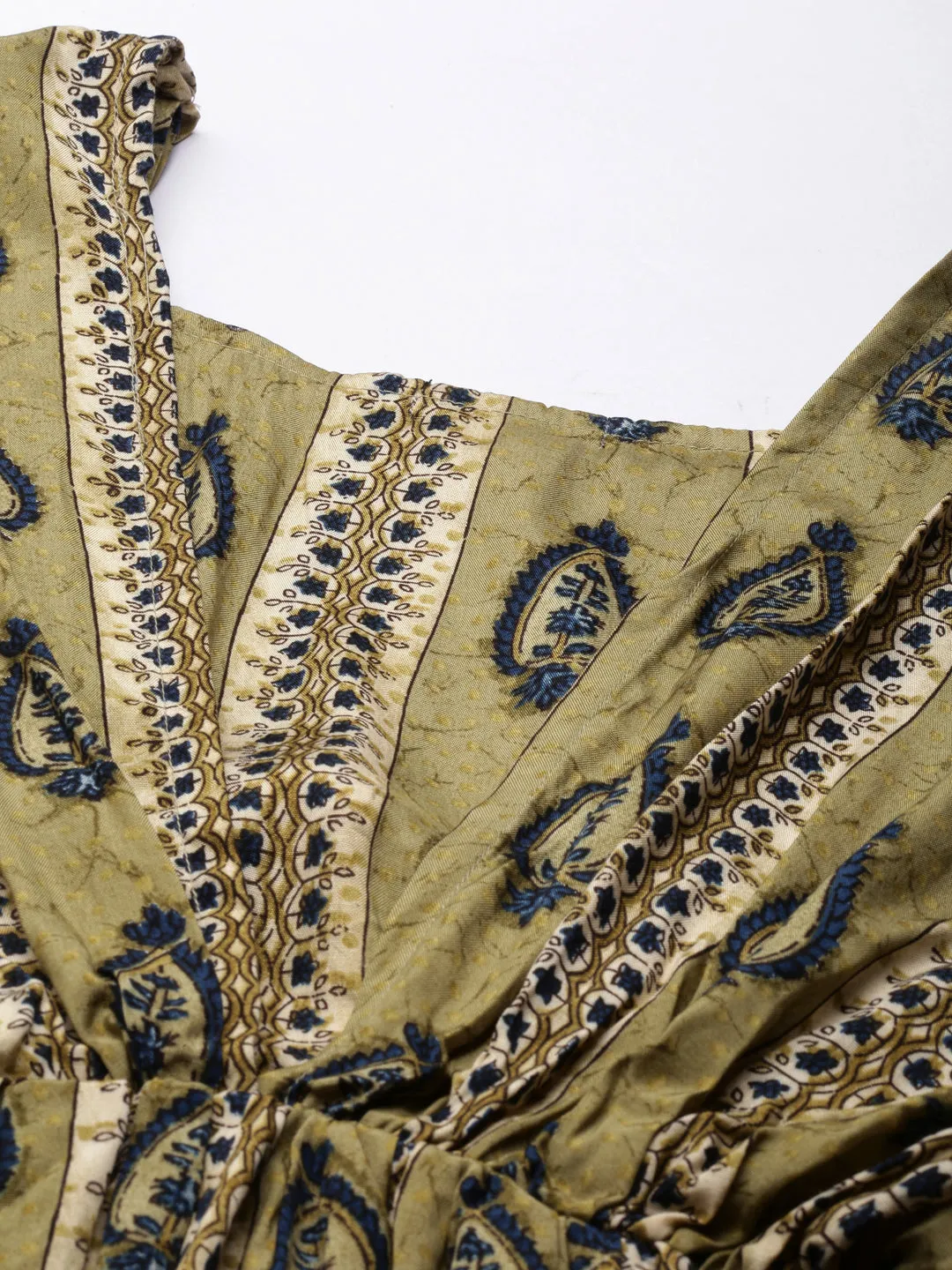 Women's Olive Ethnic Motifs Print Kimono Sleeve Fit & Flare Dress Elegant Simplicity