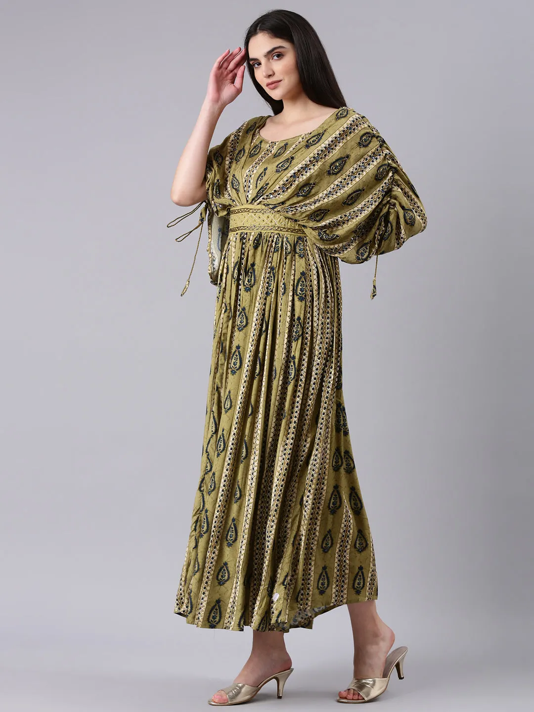 Soft Gradient Breezy Fit Women's Olive Ethnic Motifs Print Kimono Sleeve Fit & Flare Dress