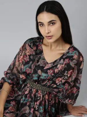 Women's Black Floral Printed Cotton A-Line Dress Urban Motion