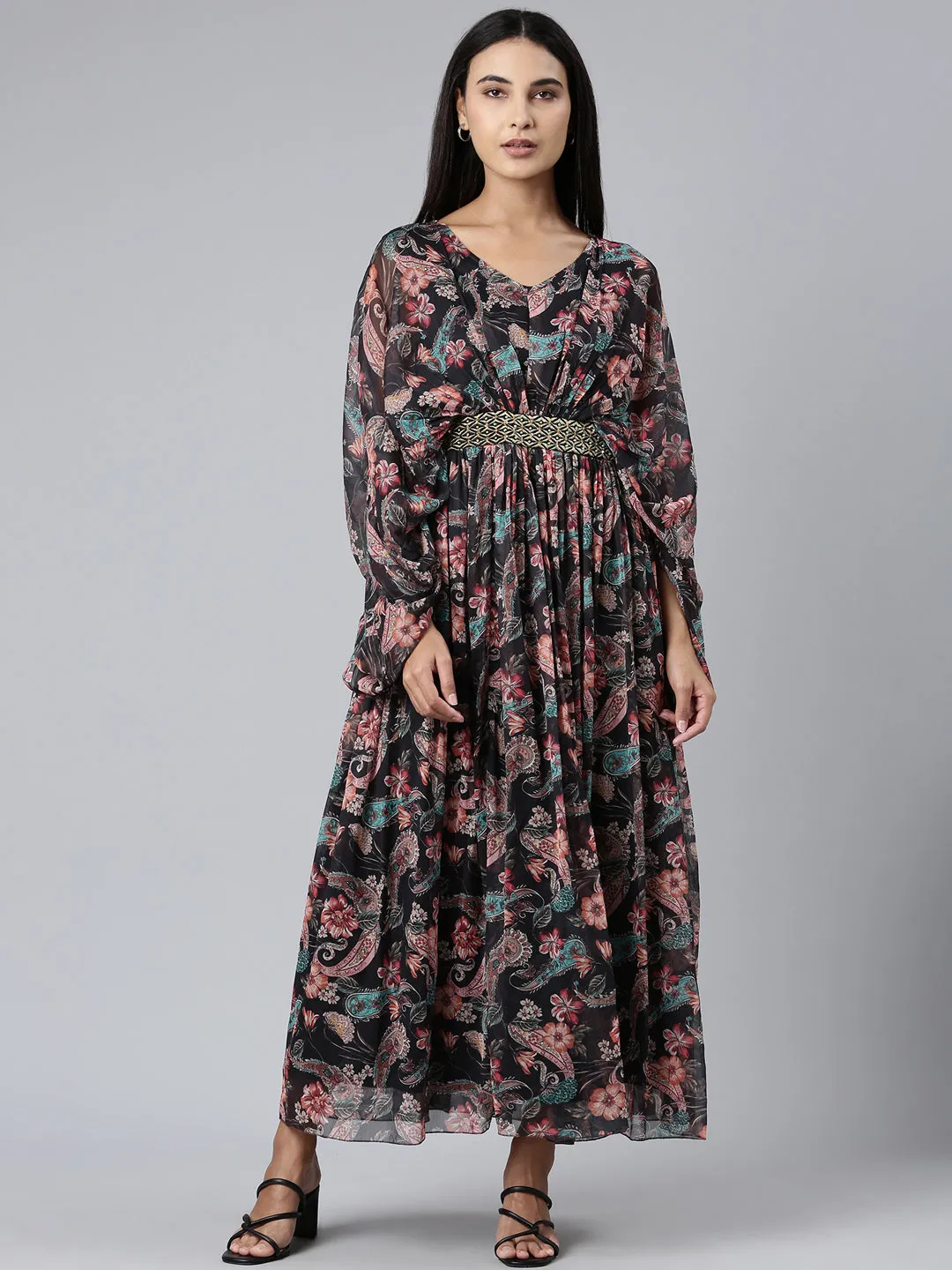 Women's Black Floral Printed Cotton A-Line Dress BreathableLining