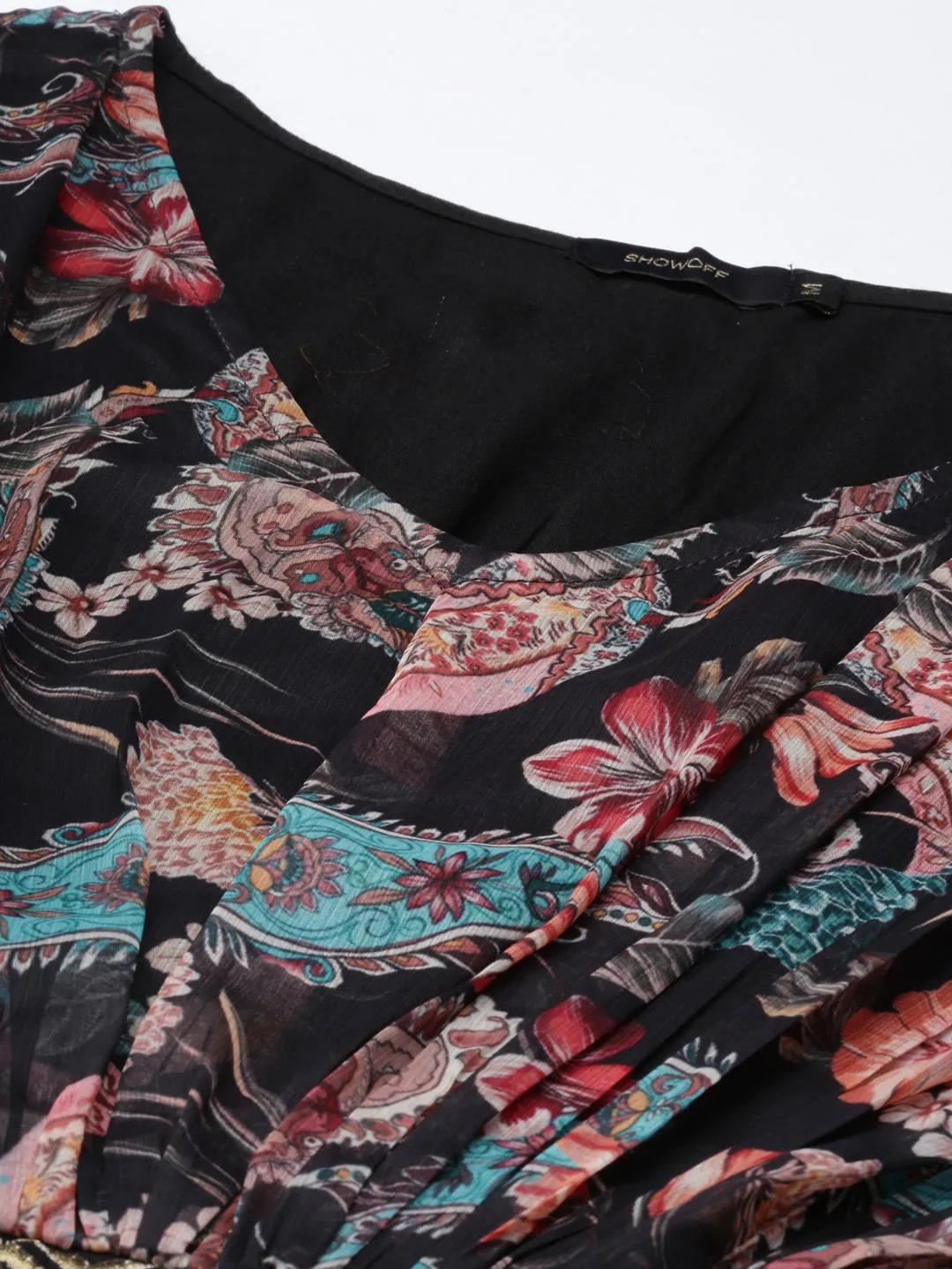 Women's Black Floral Printed Cotton A-Line Dress Silky Movement