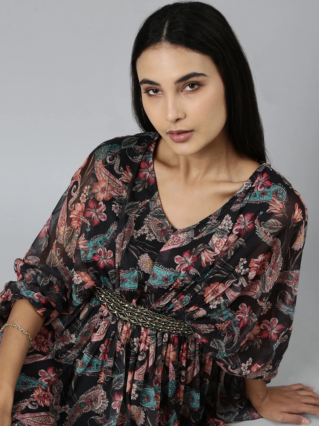 Women's Black Floral Printed Cotton A-Line Dress Urban Motion