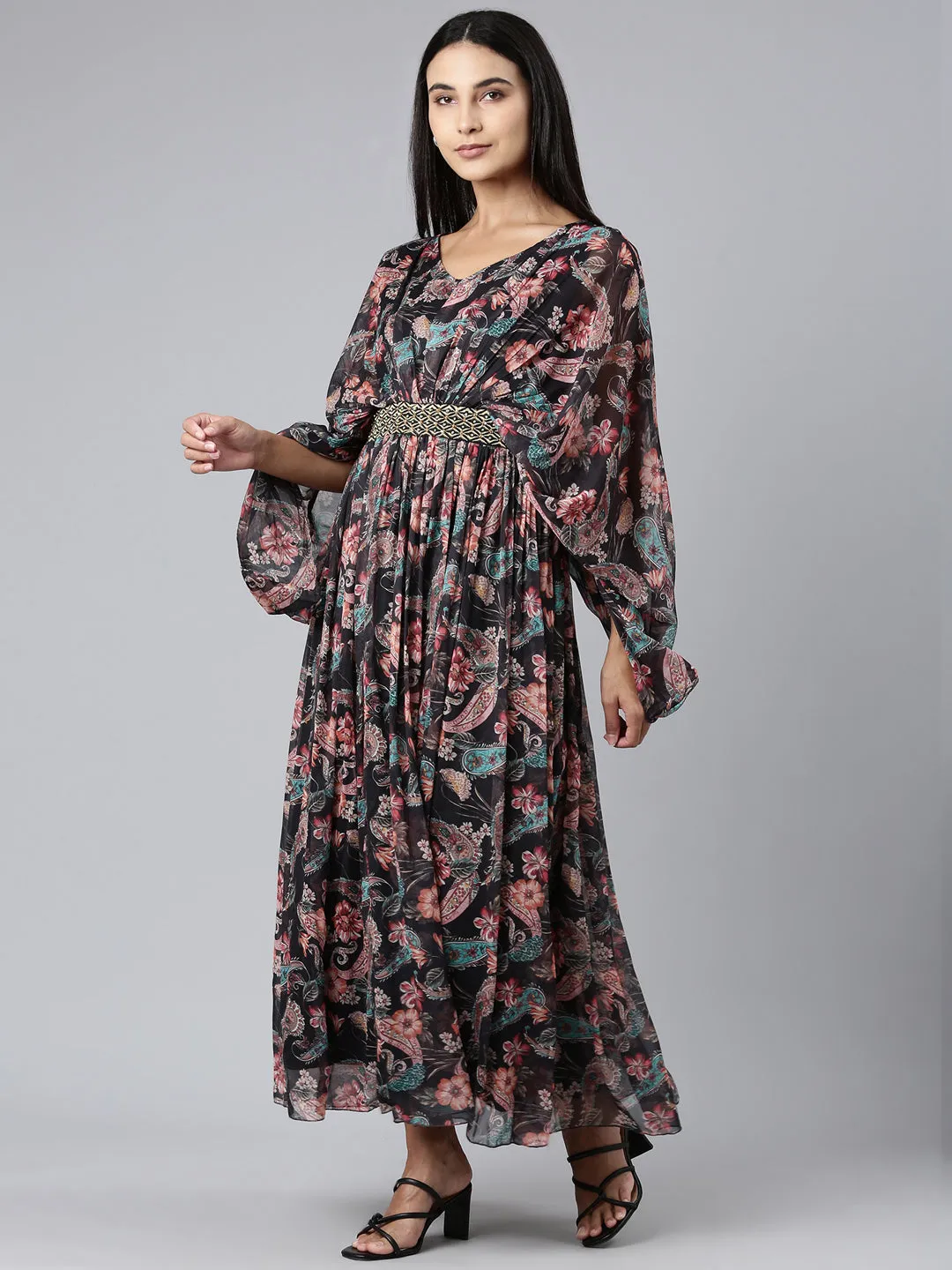 Special-Occasion Women's Black Floral Printed Cotton A-Line Dress