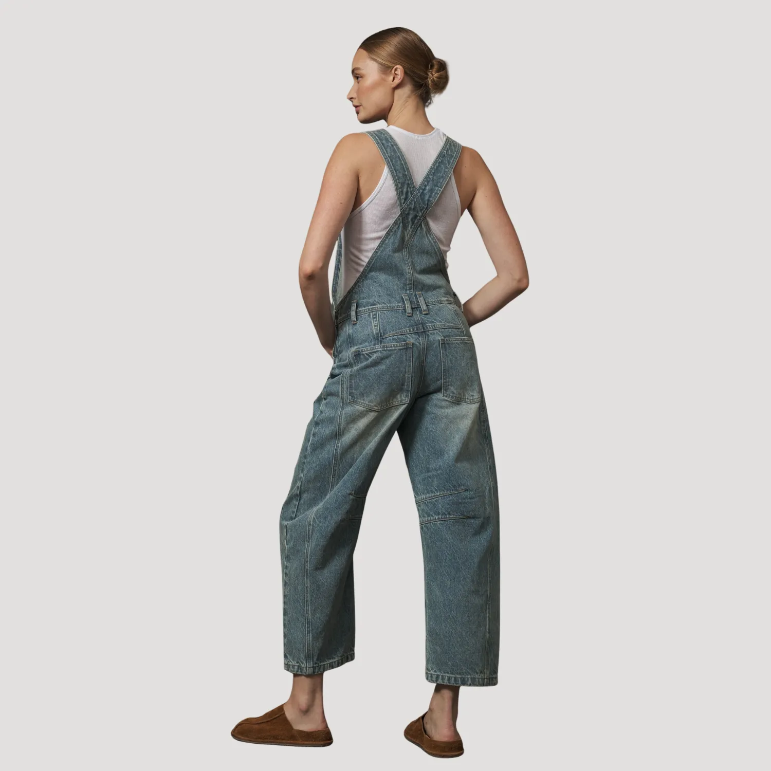 Work Appropriate Draped Fabric Slouchy Relax Fit Denim Overall (Denim)