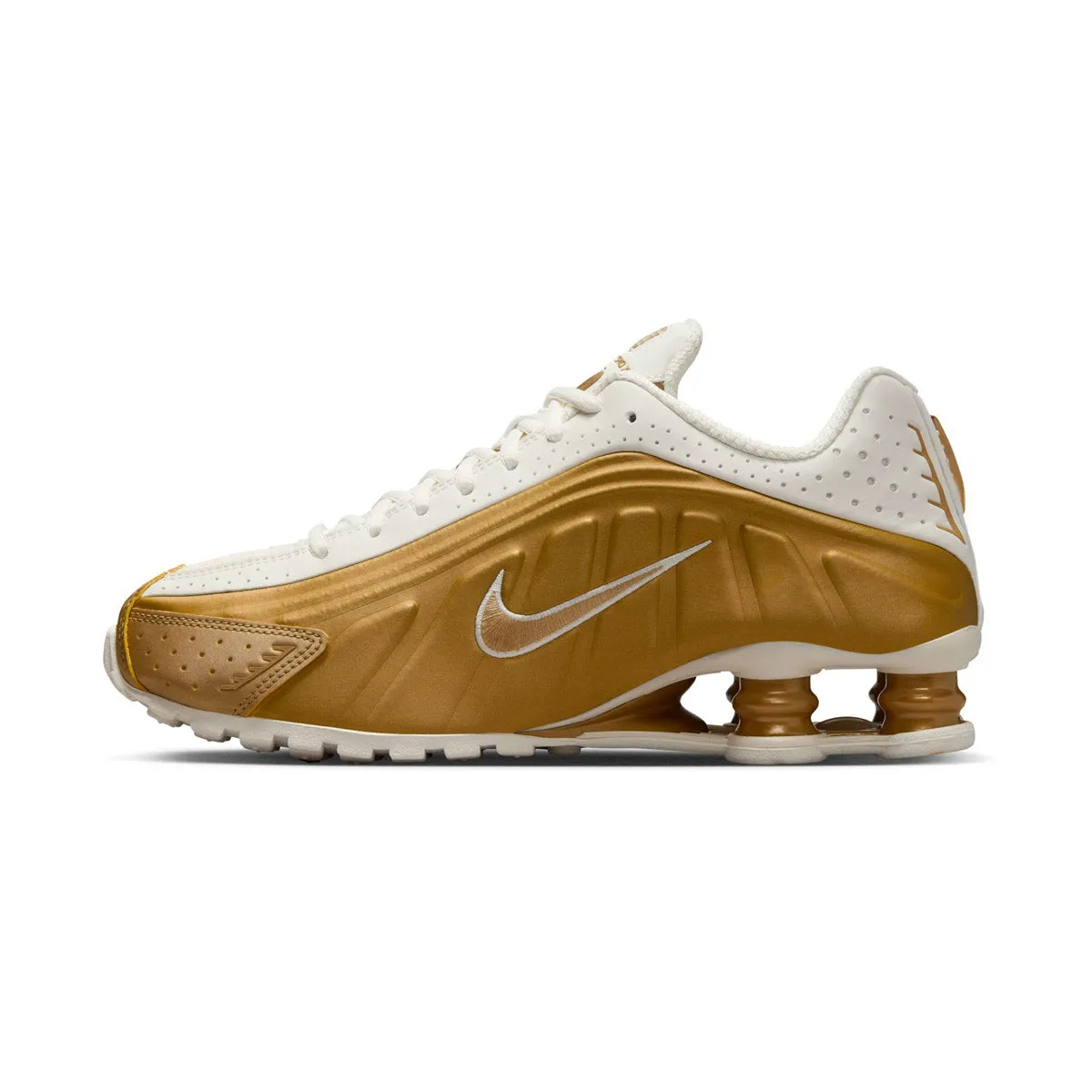 Abrasion Resistant Reinforcement running in a wooden bridge area shoes Nike Shox R4 'Metallic Gold' Women's Shoes