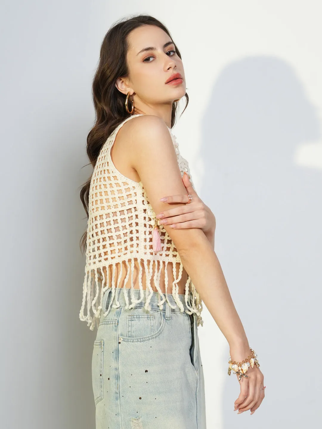 budget-friendly Women's Cream Self Design Sleeveless Crochet Crop Top