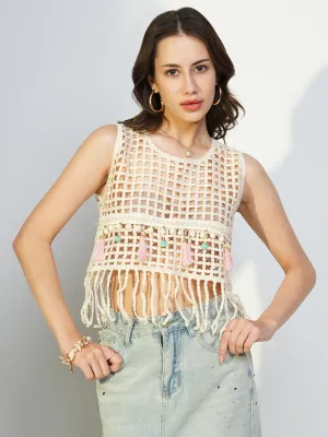 Street Style Trendy Basics Women's Cream Self Design Sleeveless Crochet Crop Top