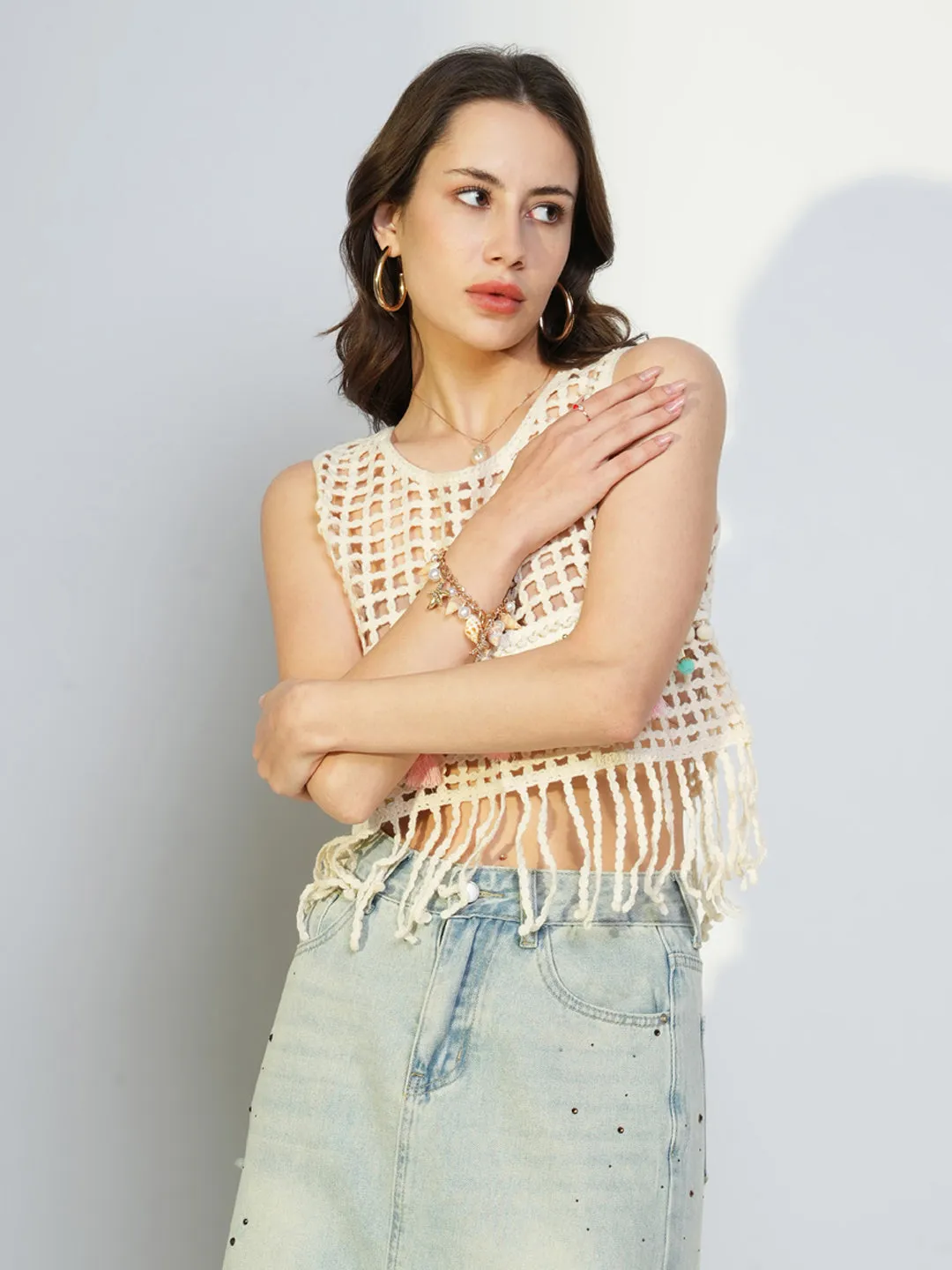 Breathable Comfort Fit Women's Cream Self Design Sleeveless Crochet Crop Top