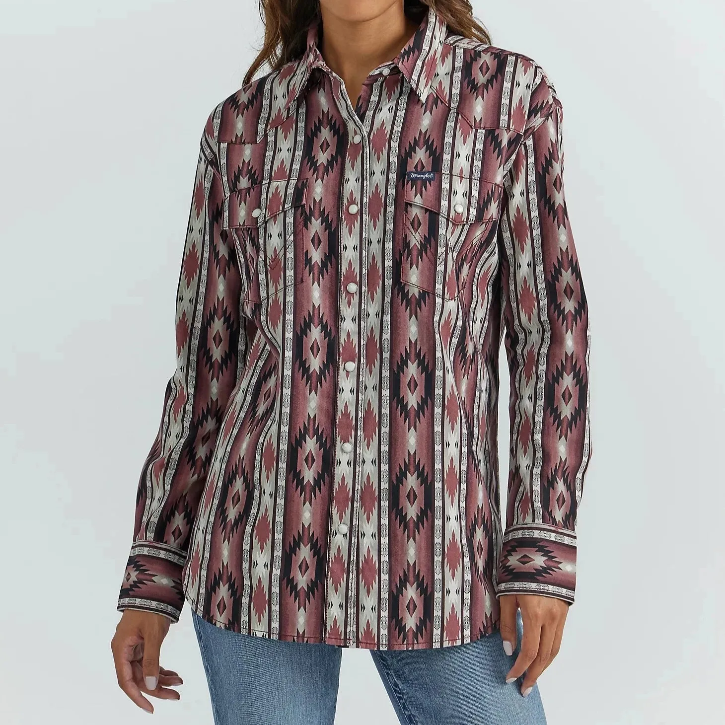 Wrangler Retro Women's L/S Checotah Boyfriend Western Snap Shirt in Burgundy Timeless Fit casual and comfortable