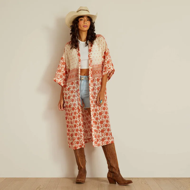 Ariat Women??s Paige Senora Border Print Duster in Cream & Burnt Orange Non Irritating Versatile Trend