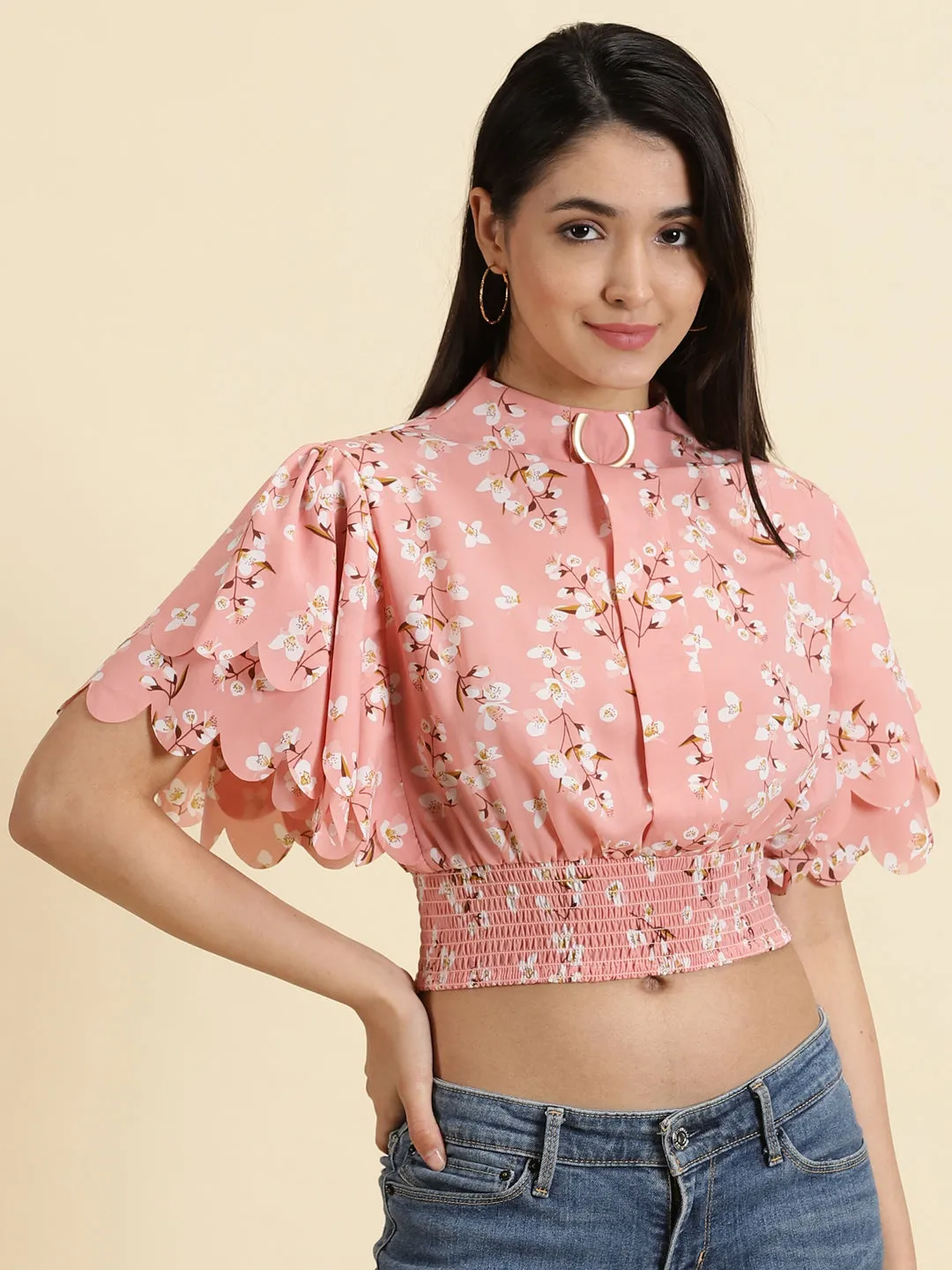 Work efficiency Street Trend Look Women's Peach Floral Print Flared Sleeve Crepe Styled Back Crop Top