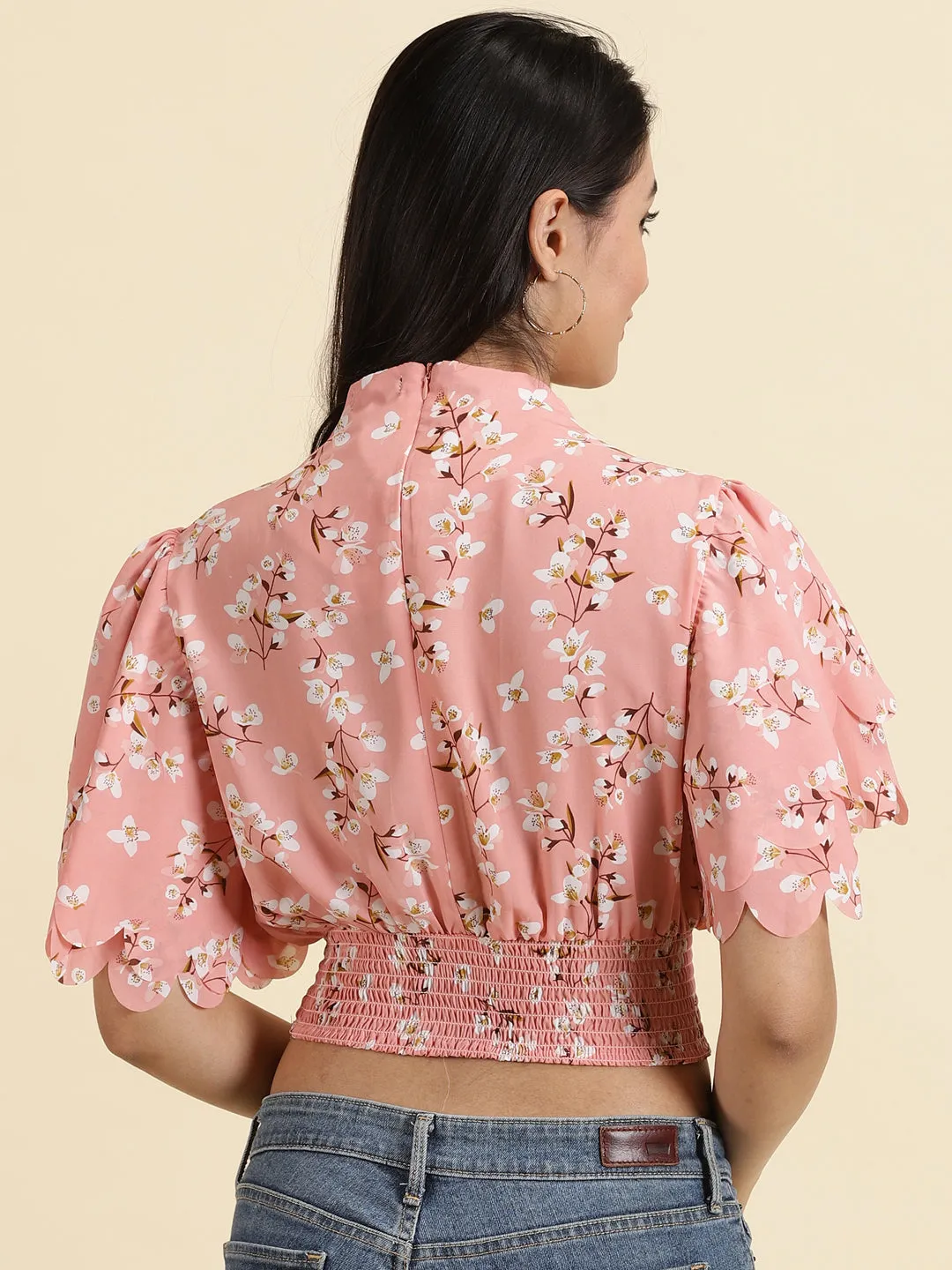 Women's Peach Floral Print Flared Sleeve Crepe Styled Back Crop Top Trendy Comfort Wear Relaxed Movement