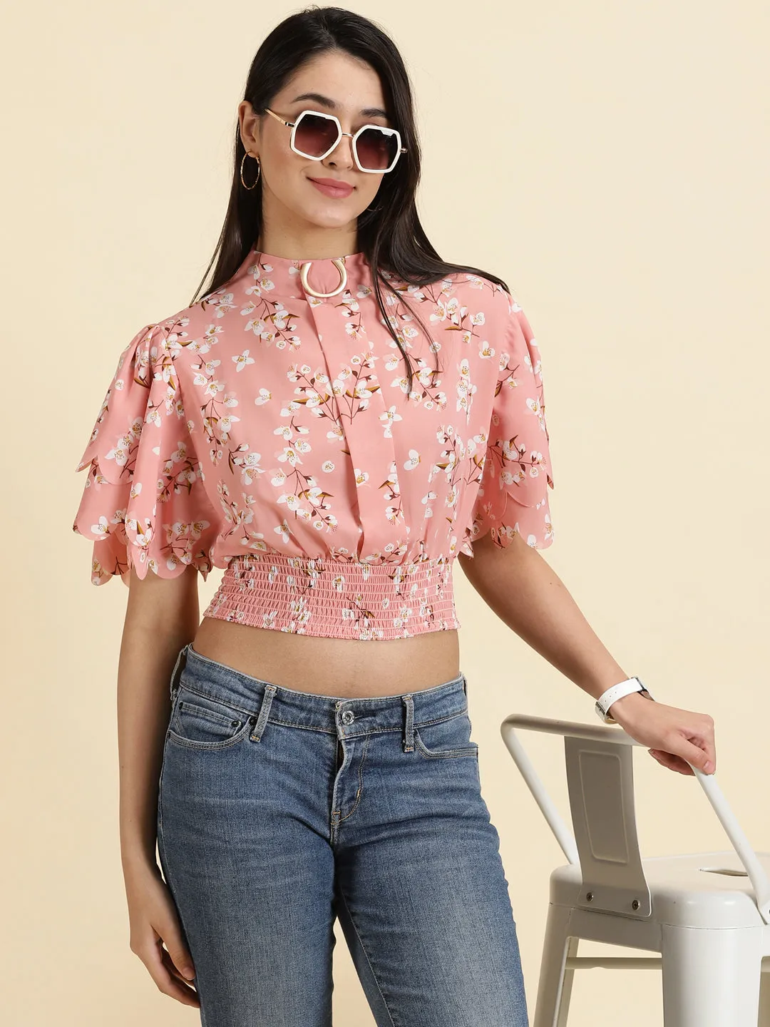 Women's Peach Floral Print Flared Sleeve Crepe Styled Back Crop Top Trendy Design Sporty Layer