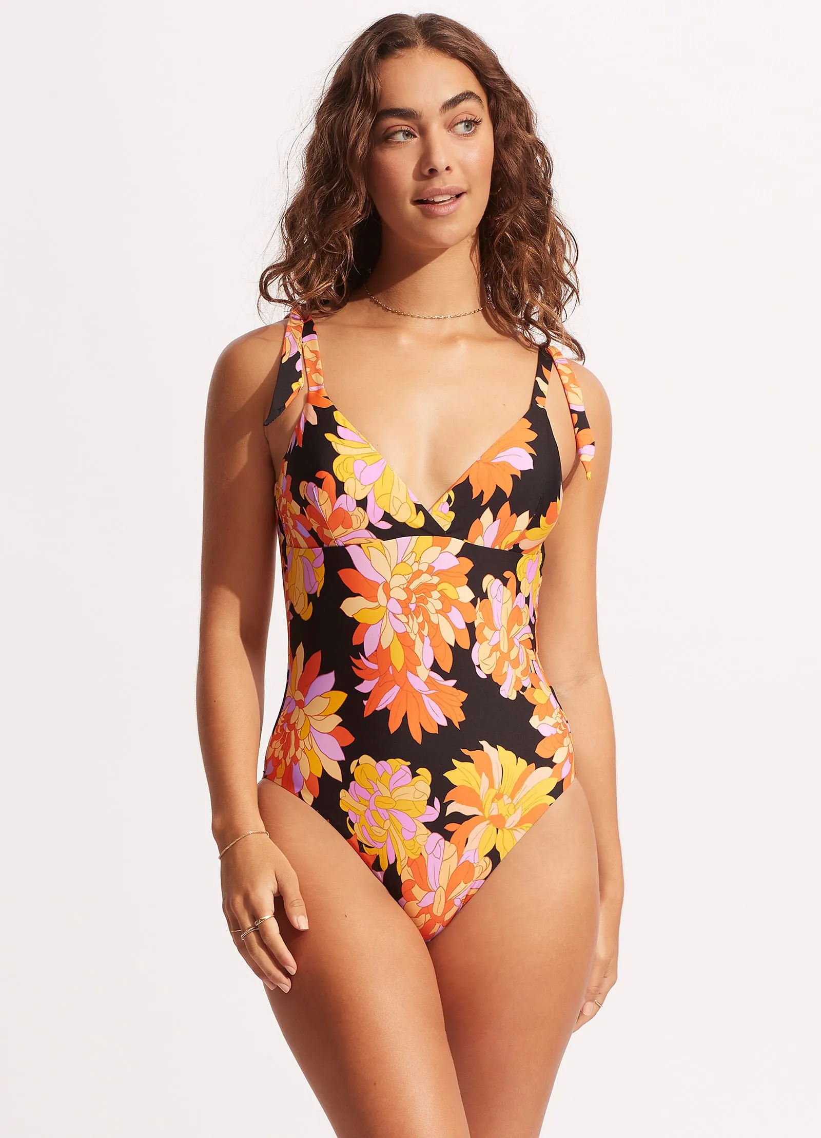 Color-Blocking Tropical Escape Palm Springs Wrap Front One Piece - Black