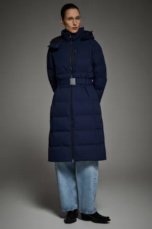Practical Layer Celeste Long Hooded Belted Down Coat
