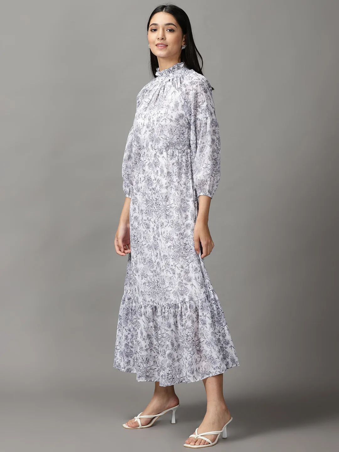 Polite Tone Clasp-Closure Women's White Floral Printed Fit and Flare Dress