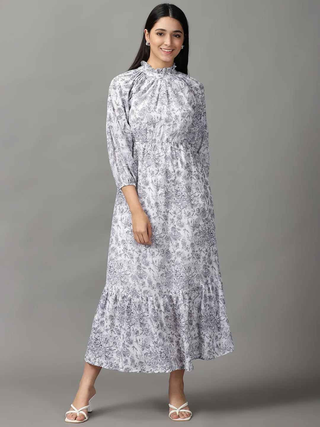 Classic Comfort Women's White Floral Printed Fit and Flare Dress
